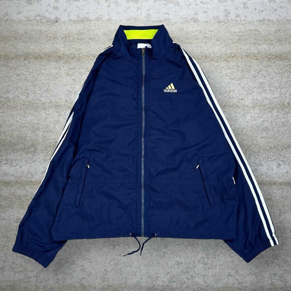 Vintage 90s Adidas Windbreaker Jacket Mens L Navy Blue White Full Zip Nylon